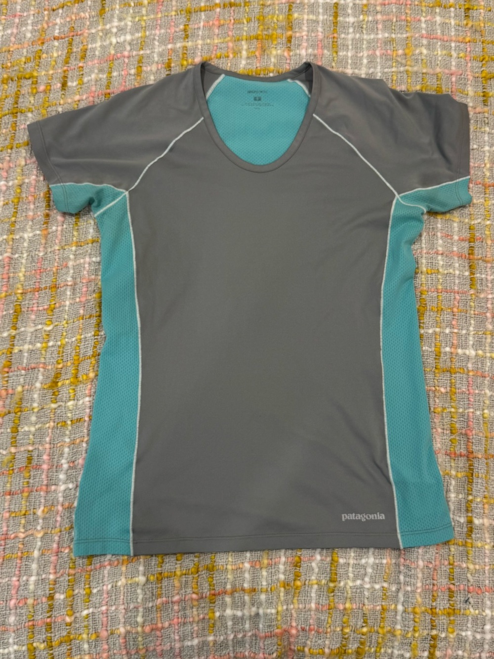 Patagonia Gray and Teal Short Sleeve Performance Tee